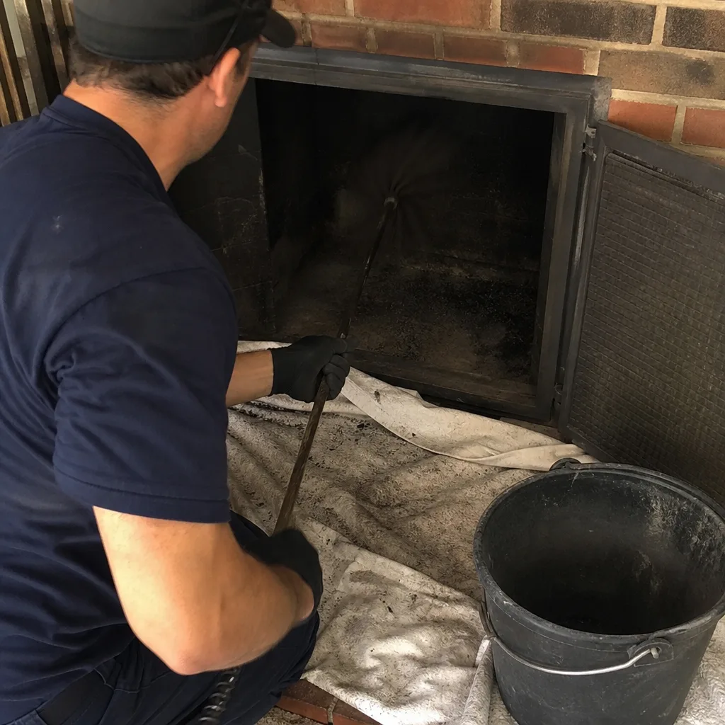 Professional chimney sweep cleaning soot from a fireplace with a brush