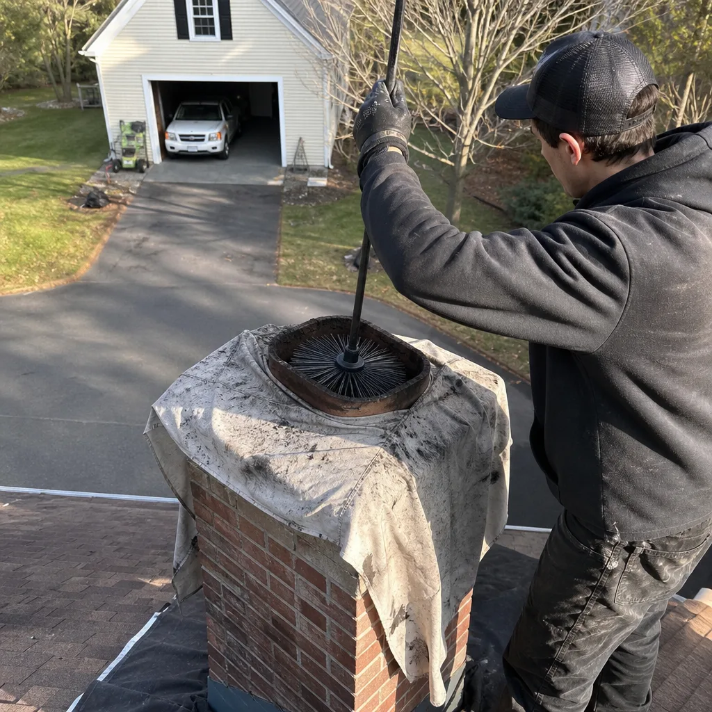 Professional chimney sweep cleaning a brick chimney with a brush on roof